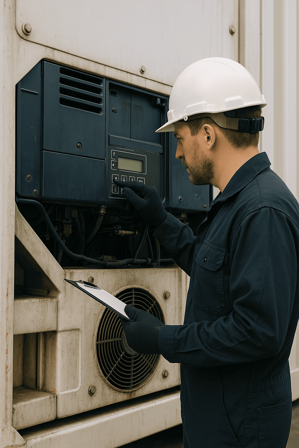 Technician checking reefer unit
