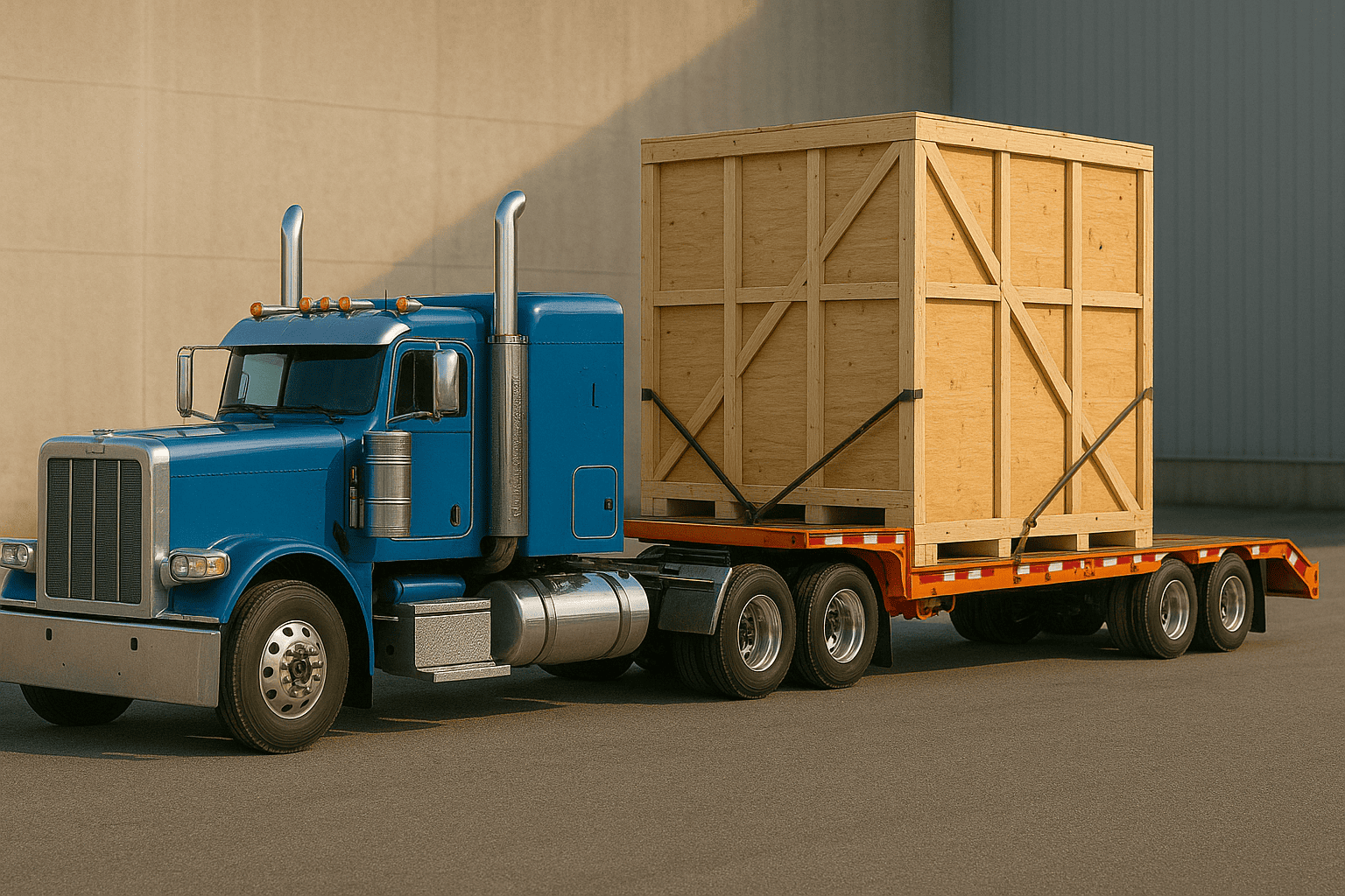 Stepdeck trailer hauling crated equipment