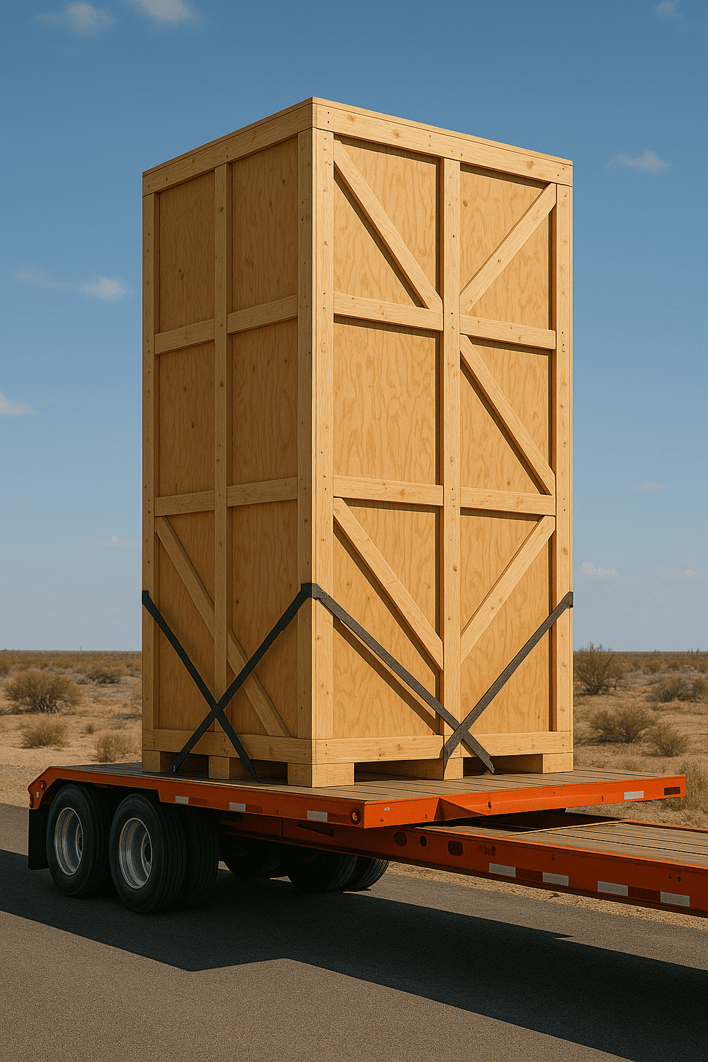 Tall crate secured on lower deck